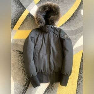 Moose Knuckles Charcoal Bomber Jacket with Fur Trim